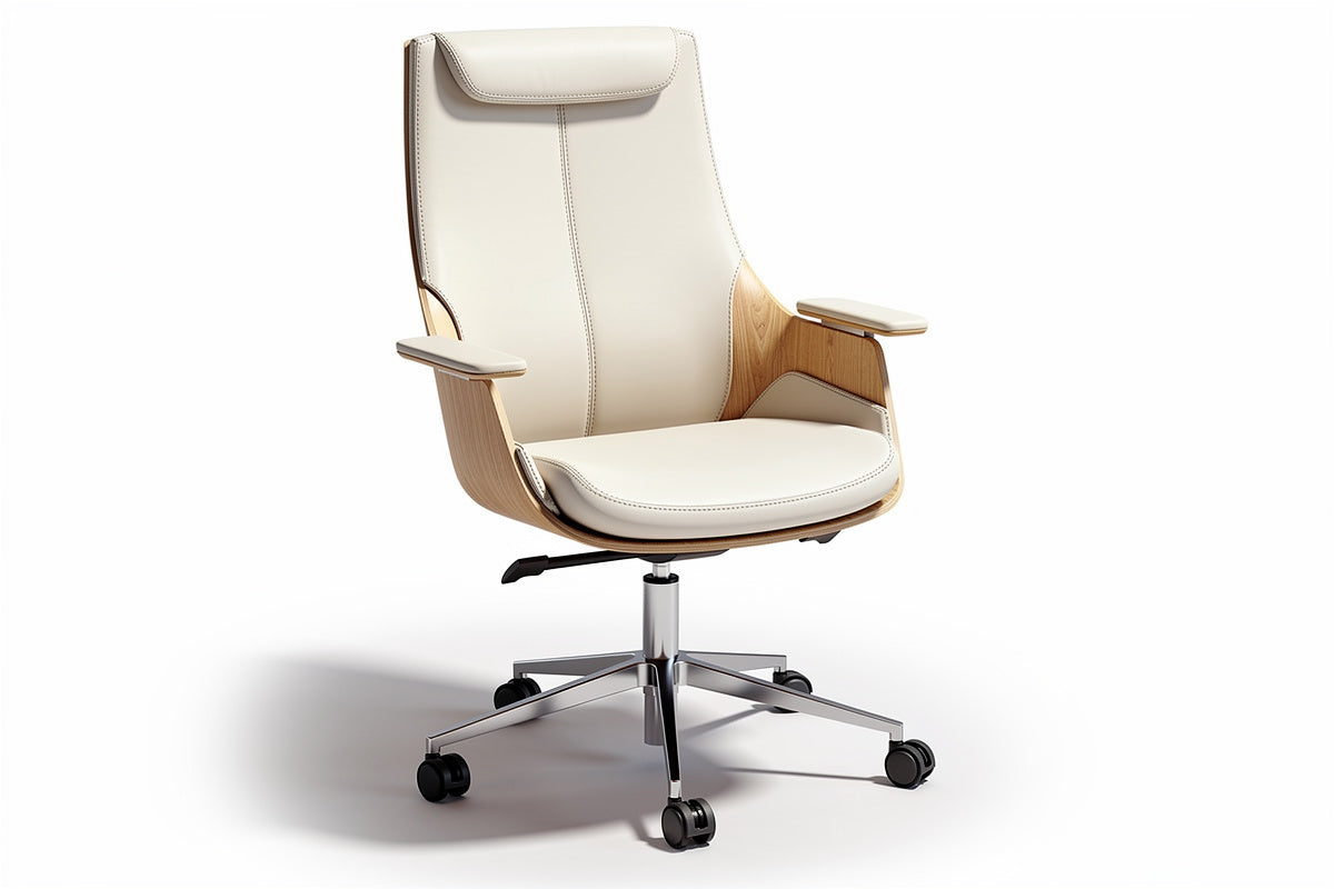 Nowoczesne krzesło biurowe z drewna i skóry – ergonomiczny design z regulowanym oparciem.