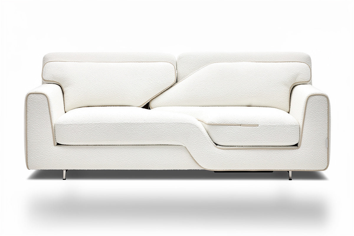 Nowoczesna kanapa w kolorze białym z designerskimi liniami i ergonomicznym kształtem.